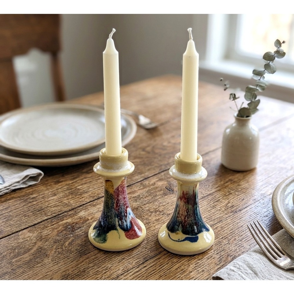D.K. Clay Pottery Candlesticks, Set of 2, Abstract, 4.25" & 4", Never Used